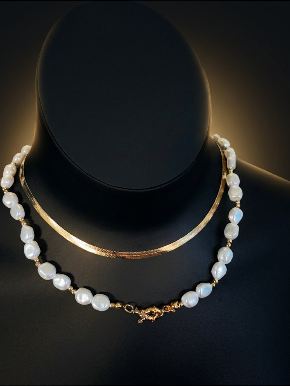 Golden tone Herringbone & White Faux Pearl Layered Necklace Set